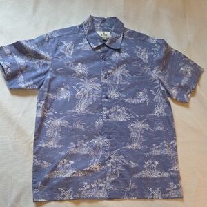 Solitude Mens Hawaiian Button Up Shirt Blue Palm Tree 100% Cotton Size Small
